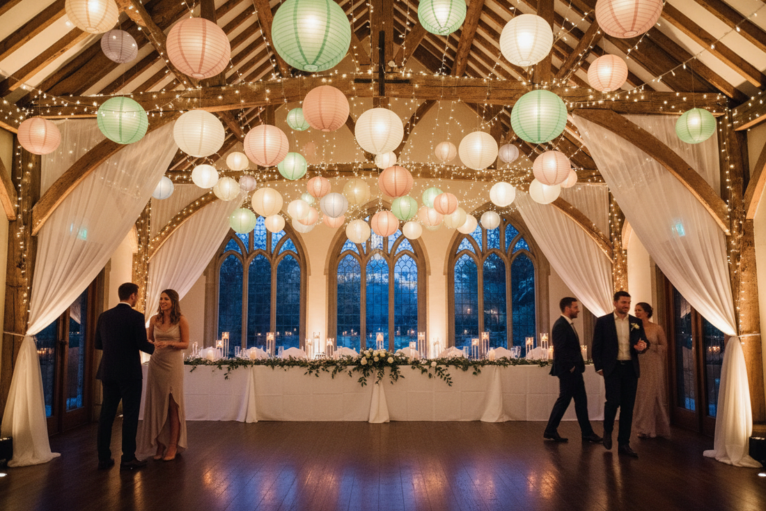 How to Decorate a Venue with Exposed Beams Using Paper Lanterns