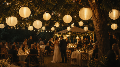 20-inch Antique White lanterns hang from festoon lights at an outdoor wedding reception
