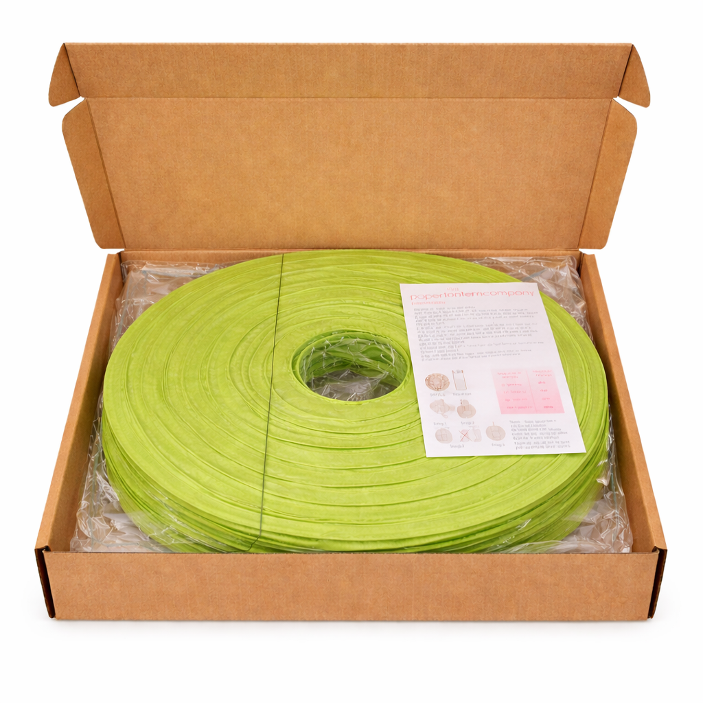 Apple Green paper lanterns in a shipping box