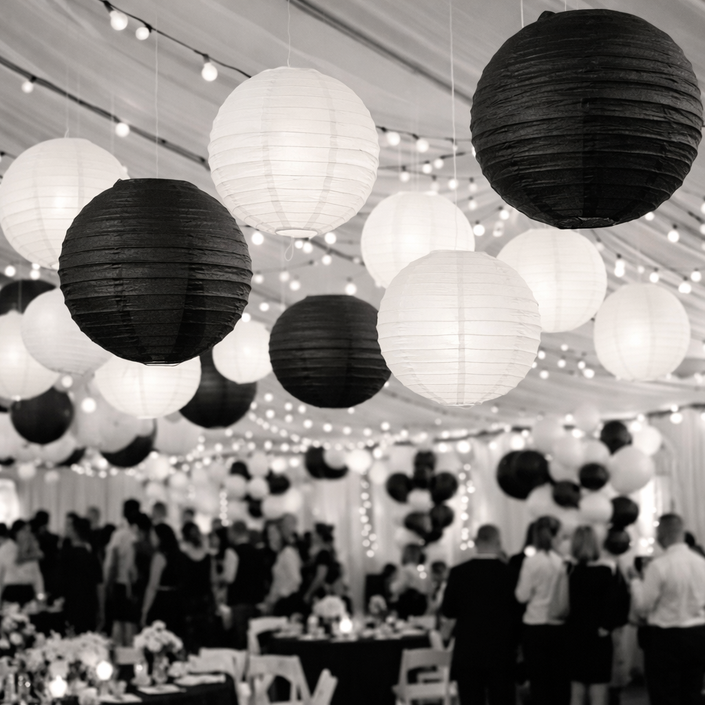 Black and white paper lanterns hanging in a tent with people and tables below.