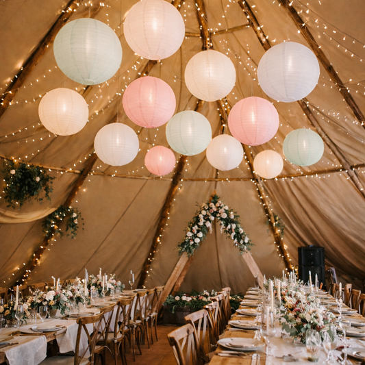 Eucalyptus Paper Green Hanging Lanterns in a tipi wedding