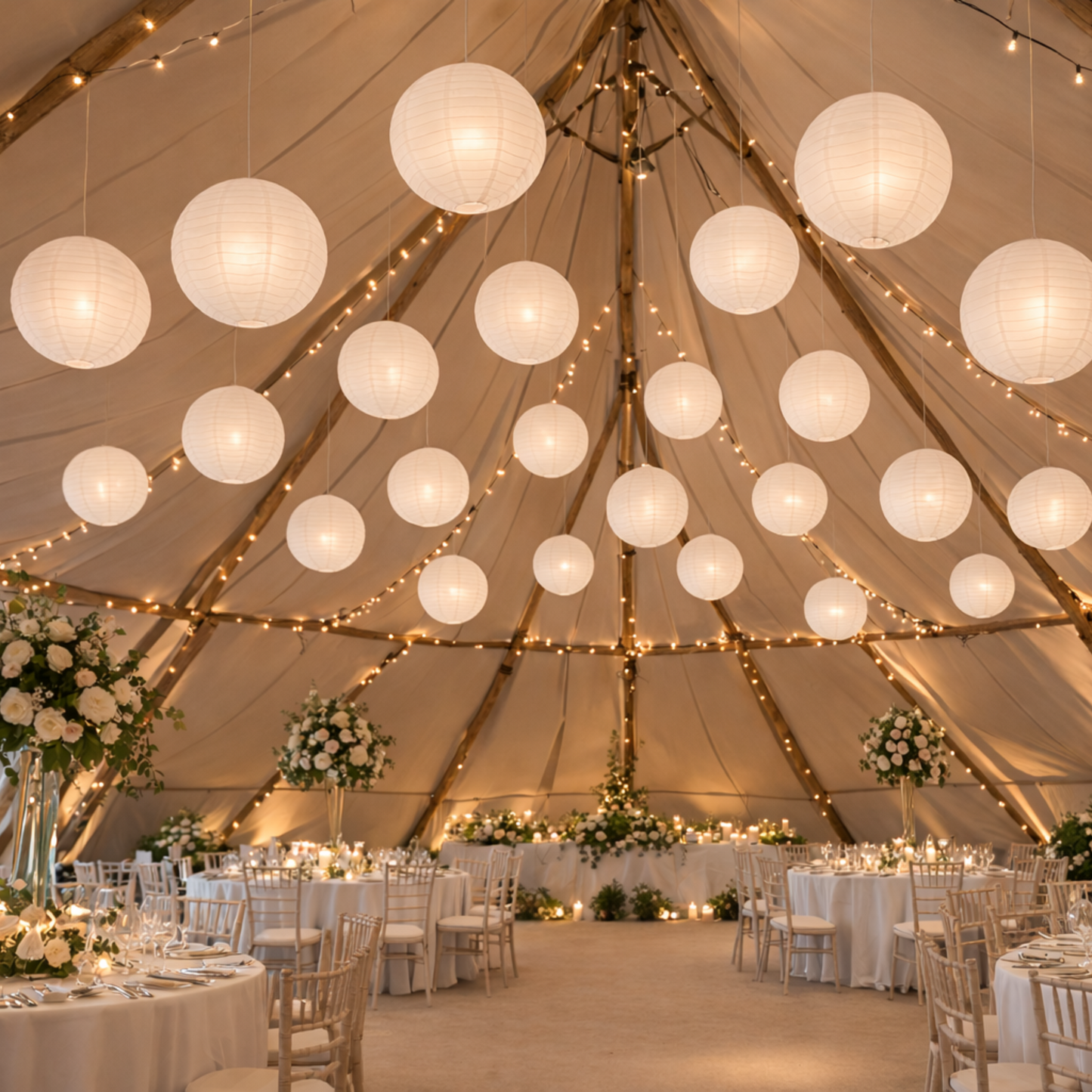 Decorative interior of a tent with hanging lights and floral arrangements.