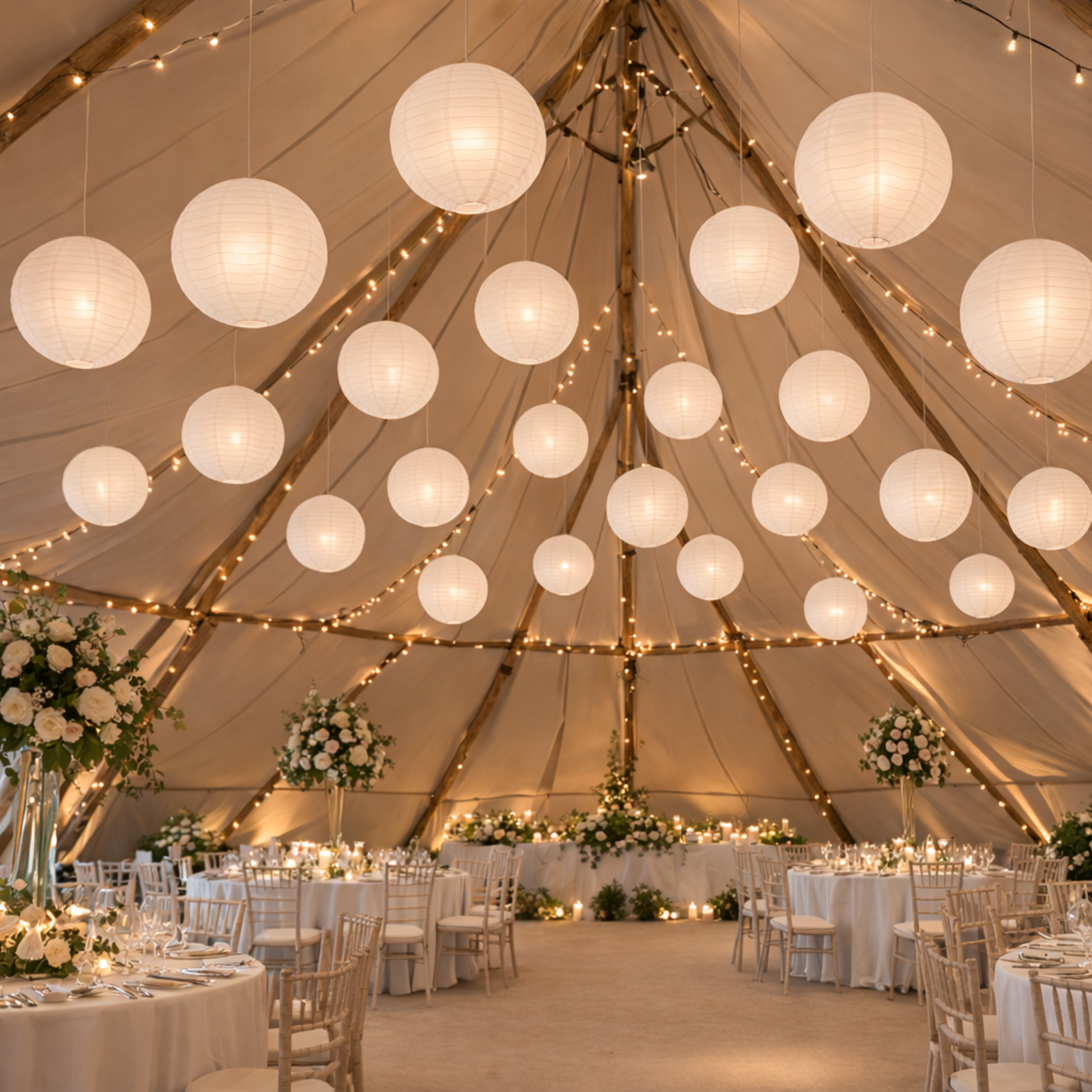 Decorative interior of a tent with hanging lights and floral arrangements.