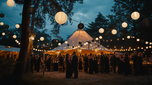 16 inch black and ivory lanterns hung from festoon lights at a black and ivory ball