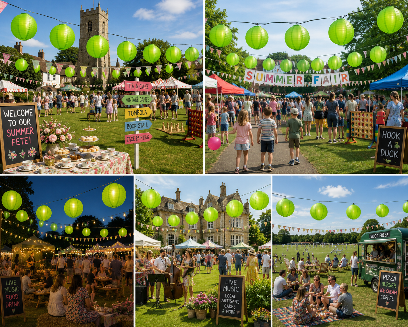 Montage of images featuring 12 inch 16-inch and 20-inch Lime Green Nylon lanterns at a summer fete.