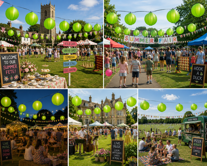 Montage of images featuring 12 inch 16-inch and 20-inch Lime Green Nylon lanterns at a summer fete.