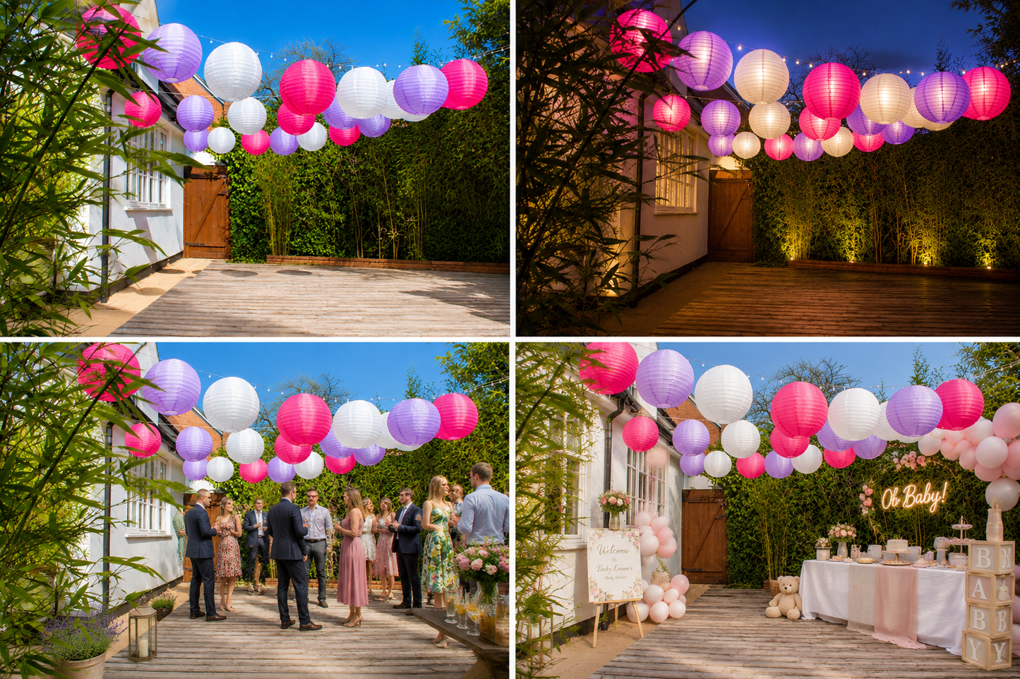 Montage of images showing 16-inch Lilac, Fuchsia and White nylon lanterns for a summer garden gathering. Hung across the space using fairy lights.