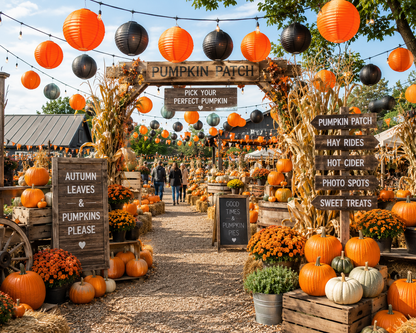 16-inch black nylon and 20-inch orange nylon lanterns hung at a pumpkin patch event