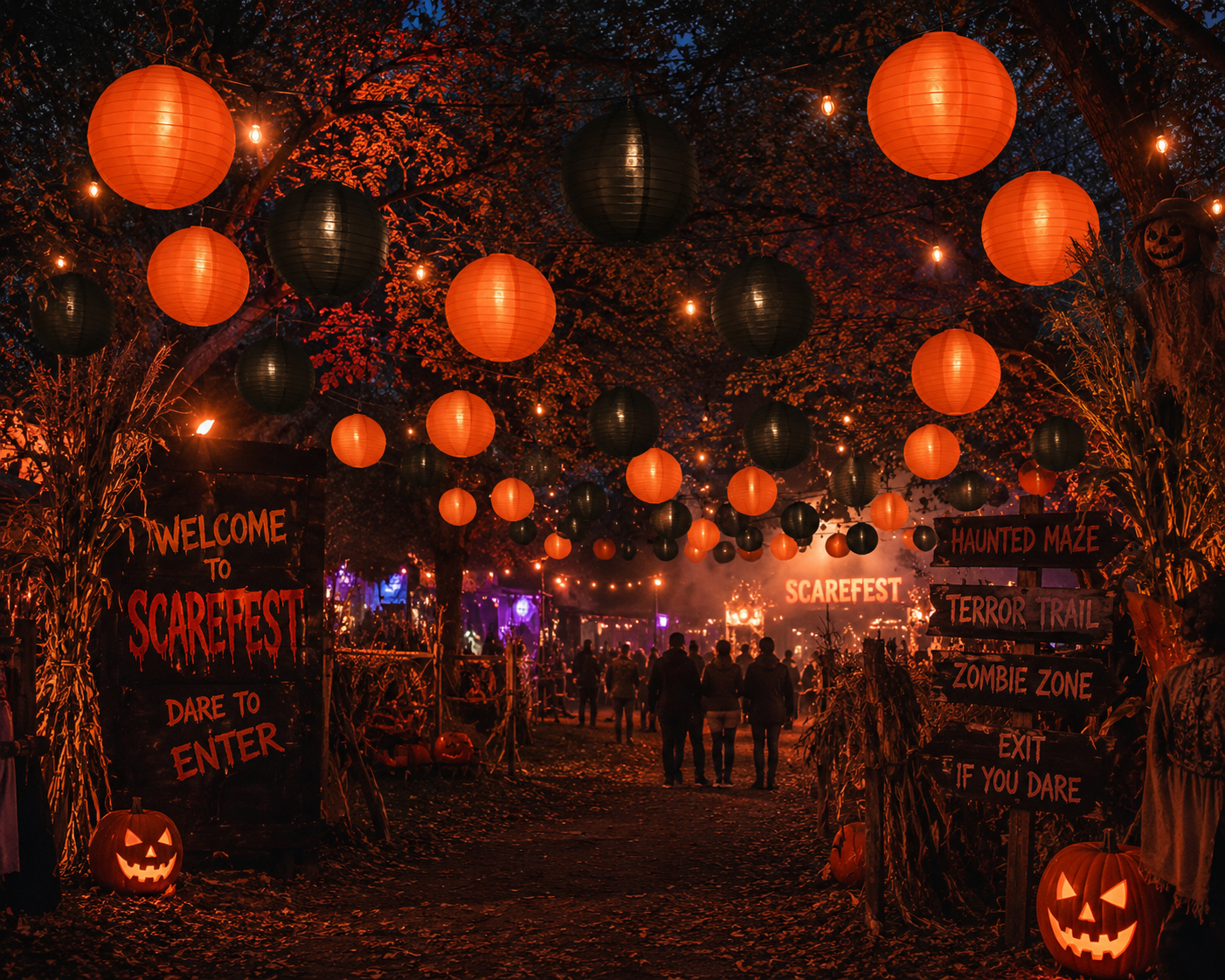 16-inch black nylon and 20-inch orange nylon lanterns hung at a scare fest halloween event