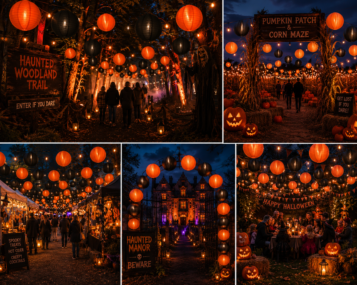 montage of pictures featuring 16-inch black nylon and 20-inch orange nylon lanterns hung at a scare fest Halloween event