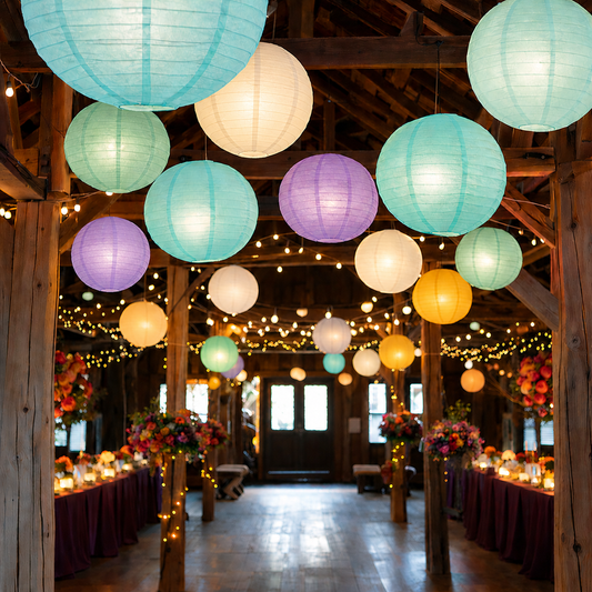 Colorful paper lanterns hanging in a festively decorated indoor setting with tables and floral arrangements.
