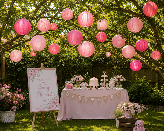 Main picture a mix of pink and fuchsia 12-inch nylon lanterns hung in the trees at a baby shower.&nbsp;