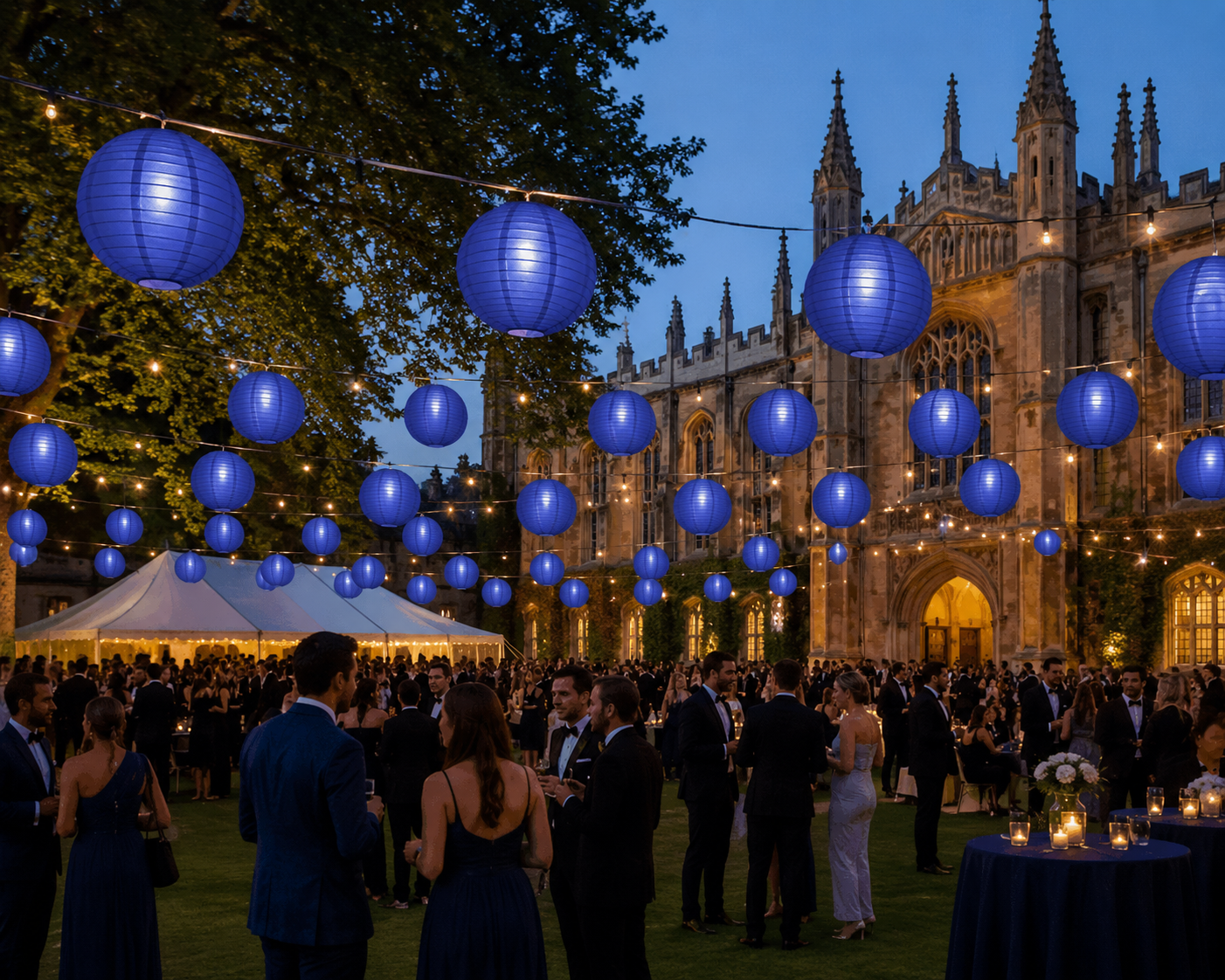 16-inch Blue nylon lanterns at a university May ball hung across the grounds on festoon lighting.&nbsp;
