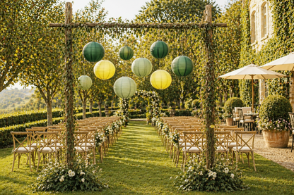 Outdoor wedding setup with decorated arch, tables, chairs, and lanterns in a garden setting.