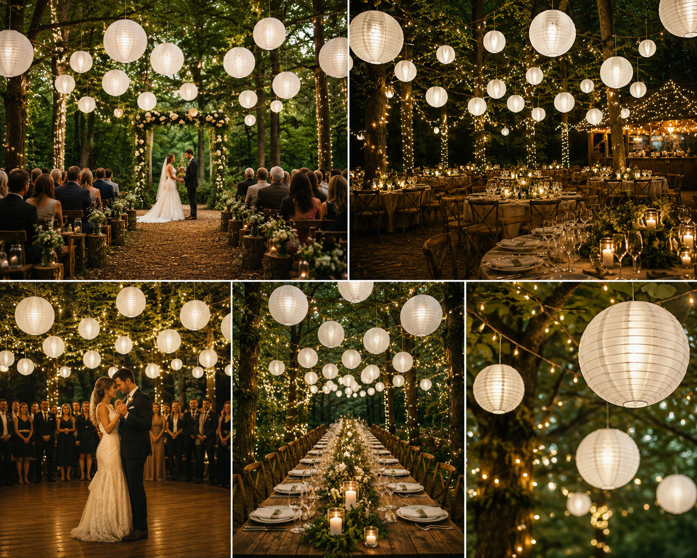20-inch, 16-inch and 12-inch white nylon lanterns various woodland wedding settings.