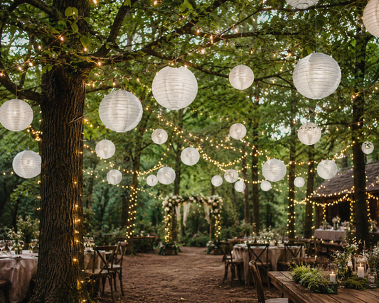 Main picture: 20-inch, 16-inch and 12-inch white nylon lanterns in a woodland glade.